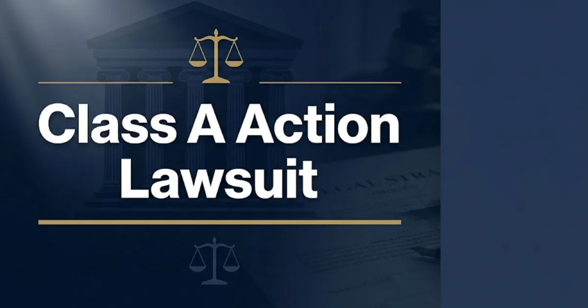 Class A Action Lawsuit guide 2026 legal banner with courthouse silhouette and scales of justice on navy background