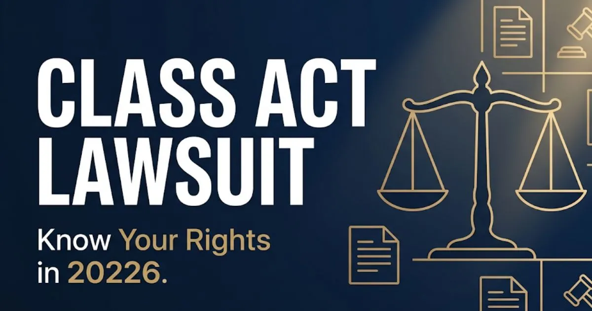 Class act lawsuit 2026 hero banner with scales of justice, legal icons, deep navy and gold color scheme
