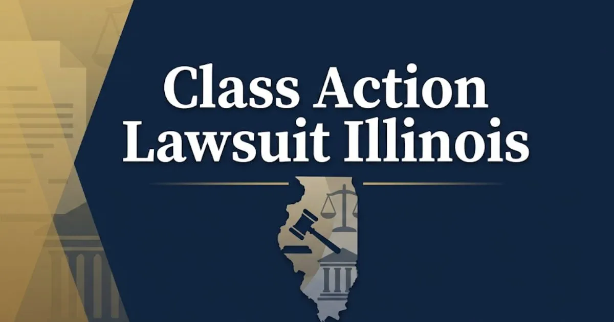 Class action lawsuit Illinois 2026 guide with legal symbols and Illinois state outline on navy background