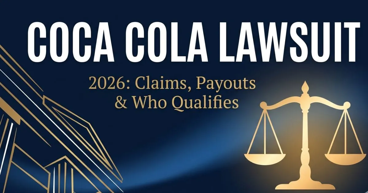 Coca cola lawsuit 2026 legal banner showing headline text scales of justice and gold legal symbols on navy background