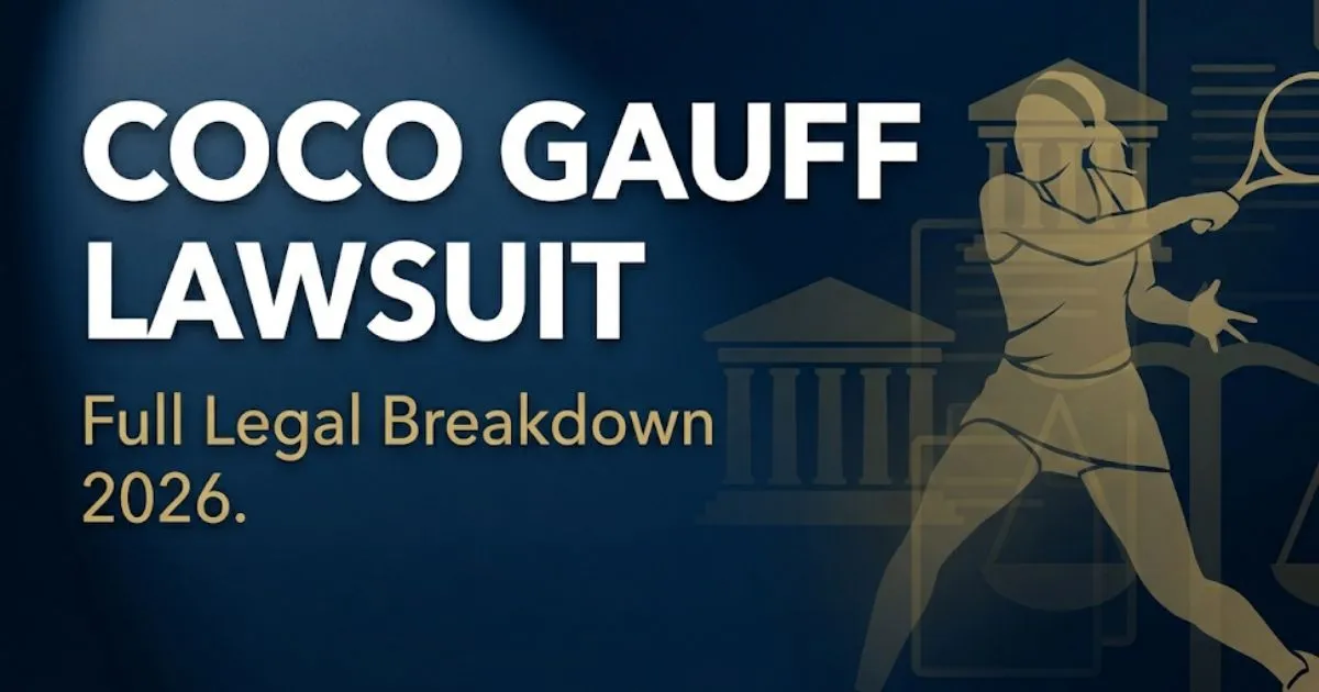 Coco Gauff lawsuit legal breakdown 2026 banner with tennis silhouette and scale of justice icons on navy background