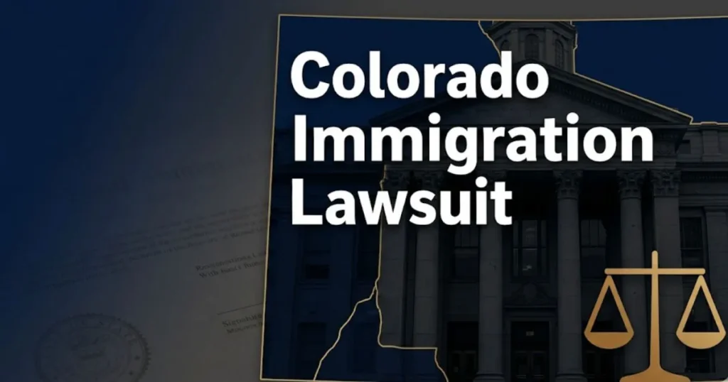 Colorado immigration lawsuit 2026 federal legal challenge banner with state outline and scales of justice