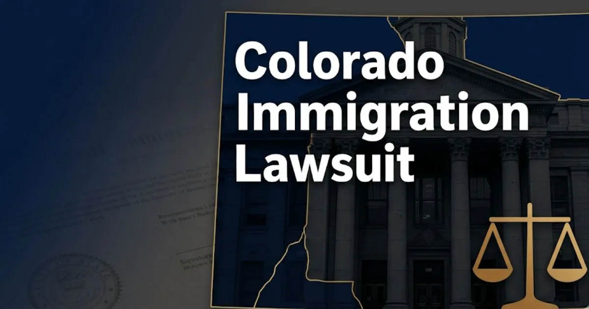 Colorado immigration lawsuit 2026 federal legal challenge banner with state outline and scales of justice