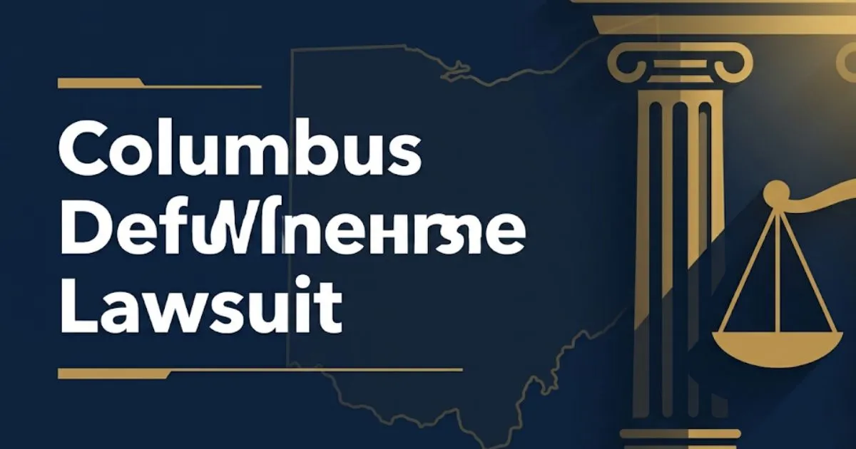 Columbus DWI defense lawsuit 2026 guide featuring courthouse silhouette and legal scales on navy background