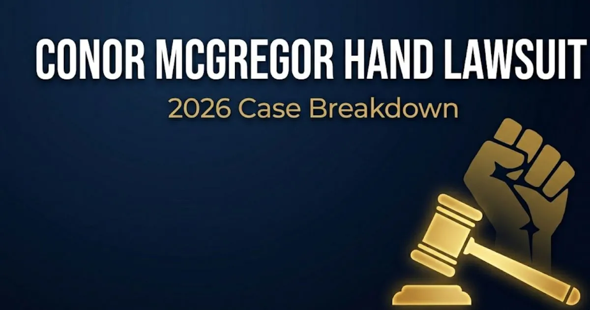 Conor McGregor hand lawsuit 2026 case breakdown banner with legal icons and headline text on navy background