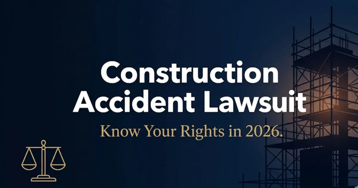 Construction accident lawsuit hero banner with legal scale icon and scaffold silhouette on navy background for 2026 guide