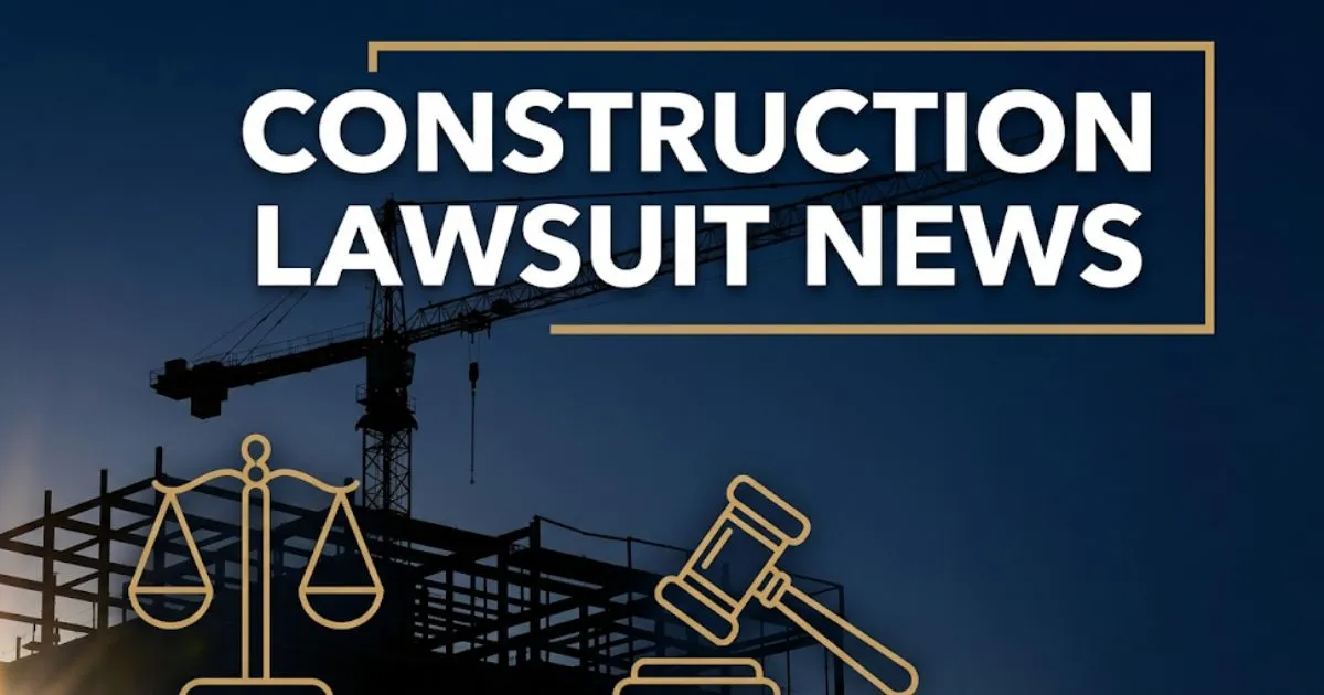 Construction lawsuit news 2026 blog banner with crane silhouette, legal scales icon, and bold headline text on navy background