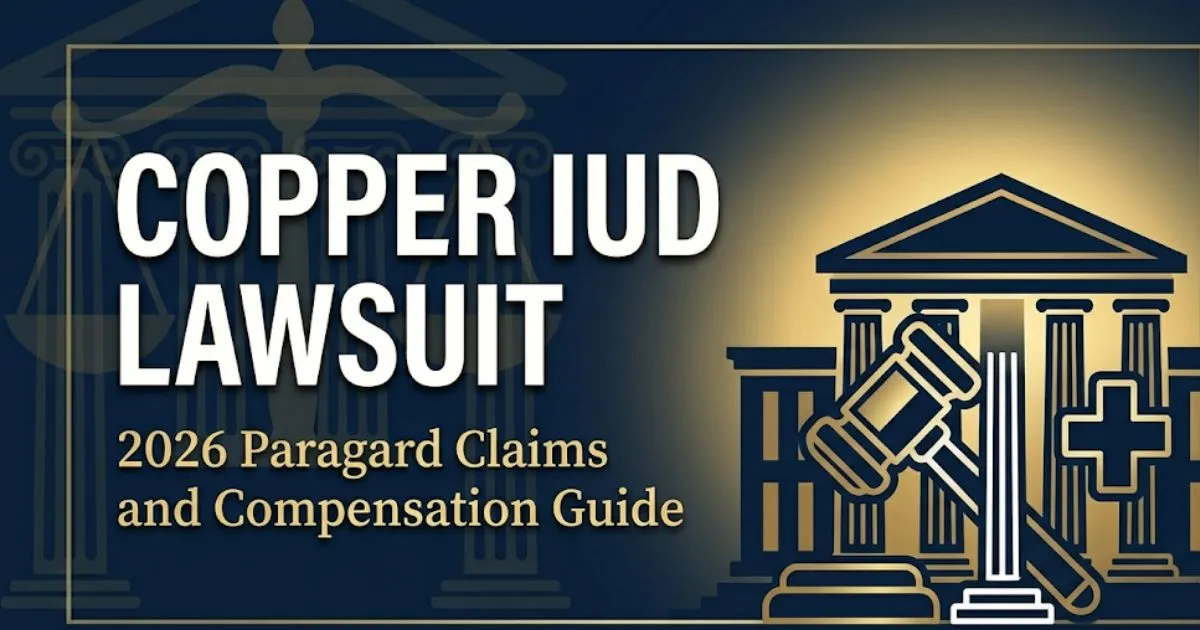 Copper IUD lawsuit 2026 legal editorial banner with Paragard claims and compensation guide text on navy background