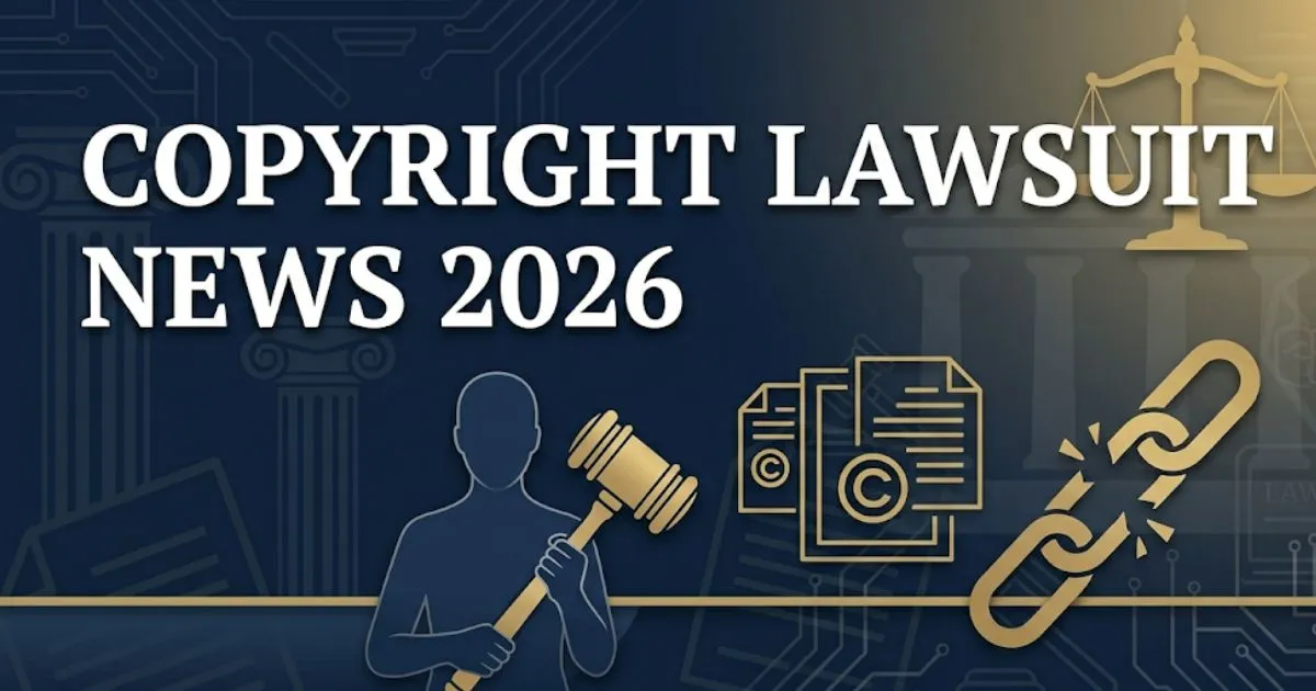 Copyright lawsuit news 2026 legal banner showing gavel, justice scale, and creator rights symbols on navy background