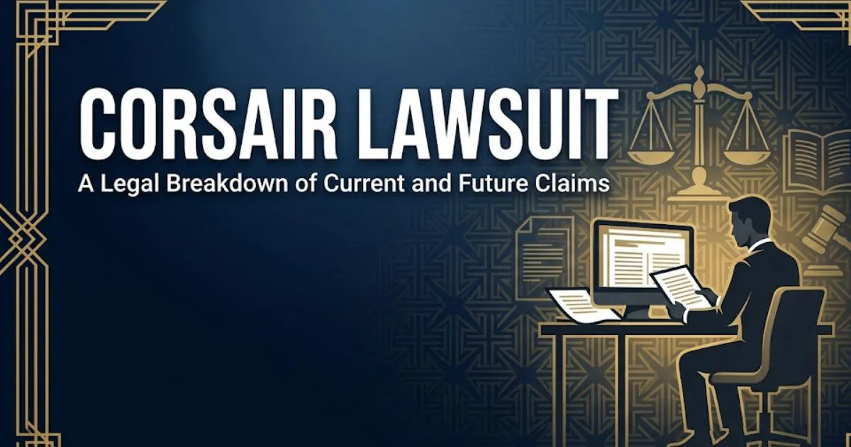 Corsair Lawsuit 2026 legal banner showing bold headline text with navy and gold legal editorial design