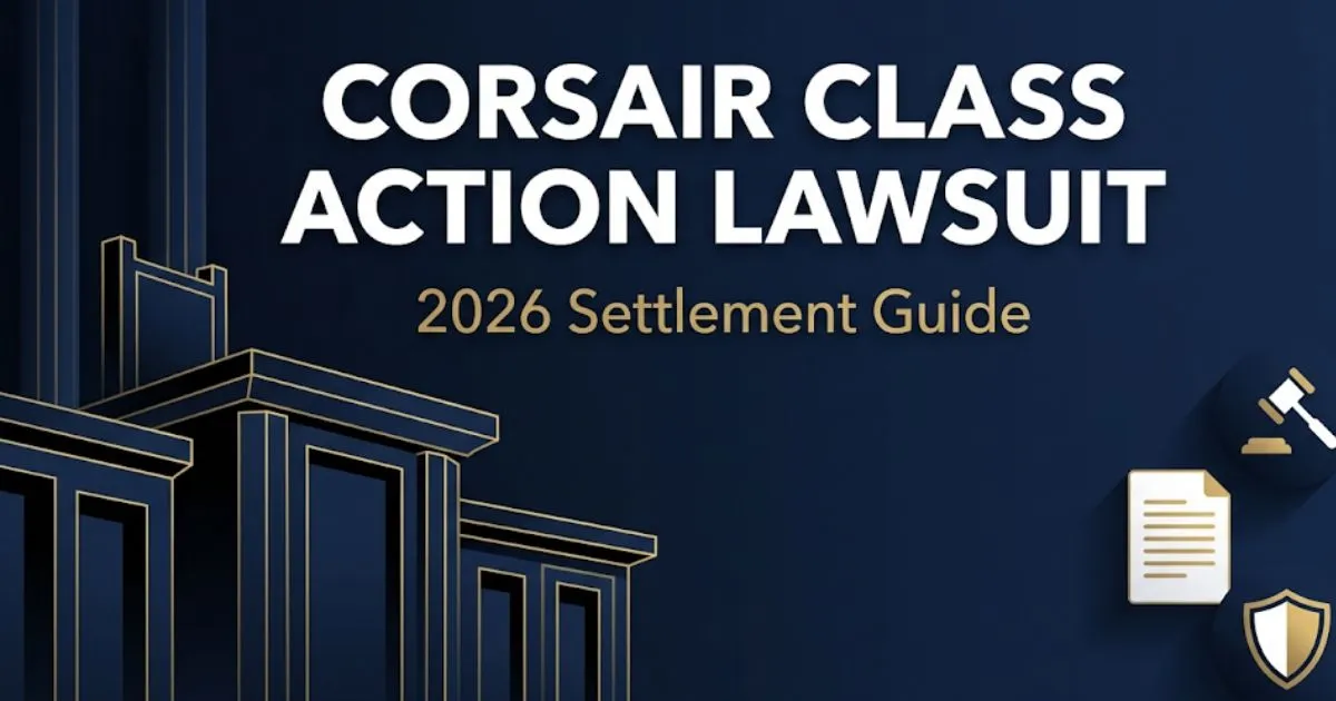 Corsair class action lawsuit 2026 settlement guide banner with legal icons and bold headline text on navy background