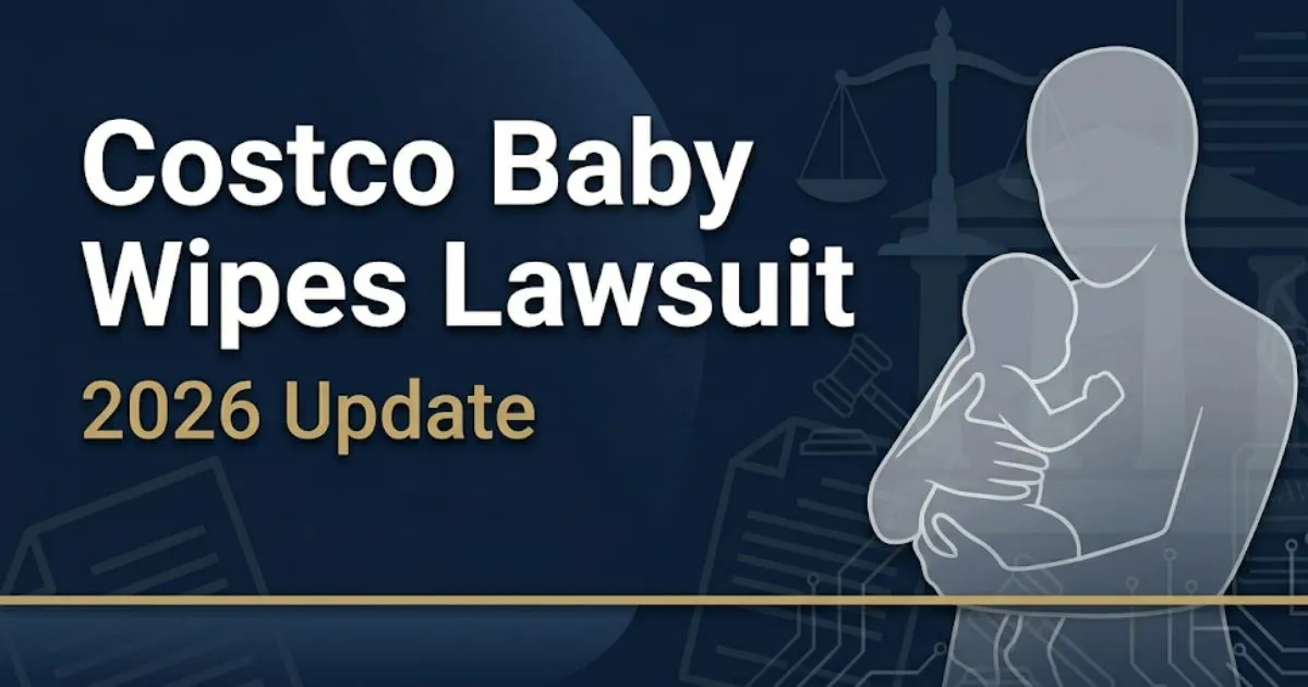 Costco baby wipes lawsuit 2026 blog banner with bold headline text on deep navy background with legal imagery