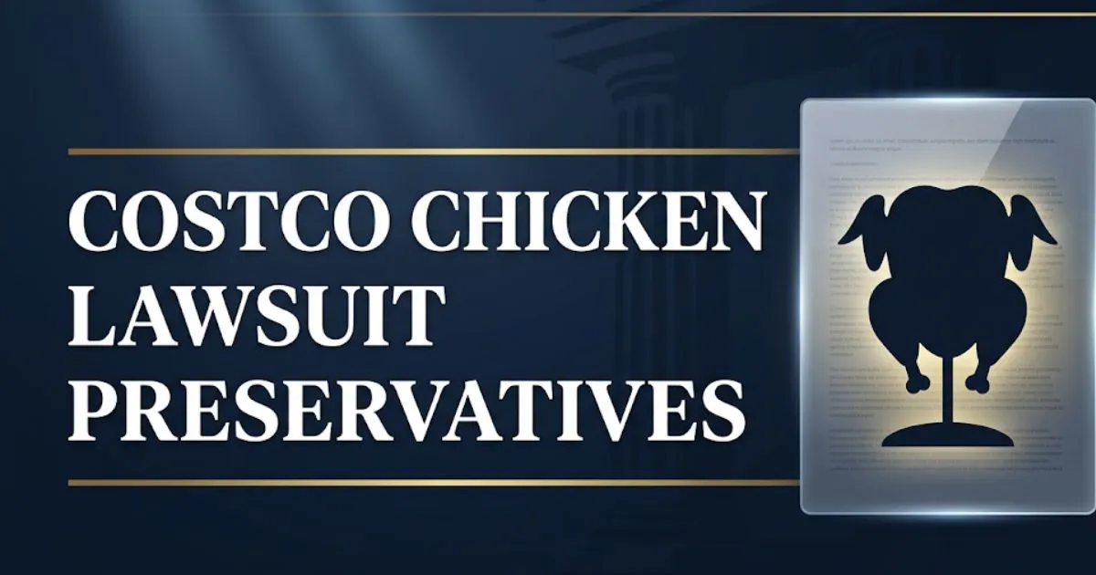 Costco chicken lawsuit preservatives 2026 legal guide banner with bold headline and rotisserie chicken silhouette icon