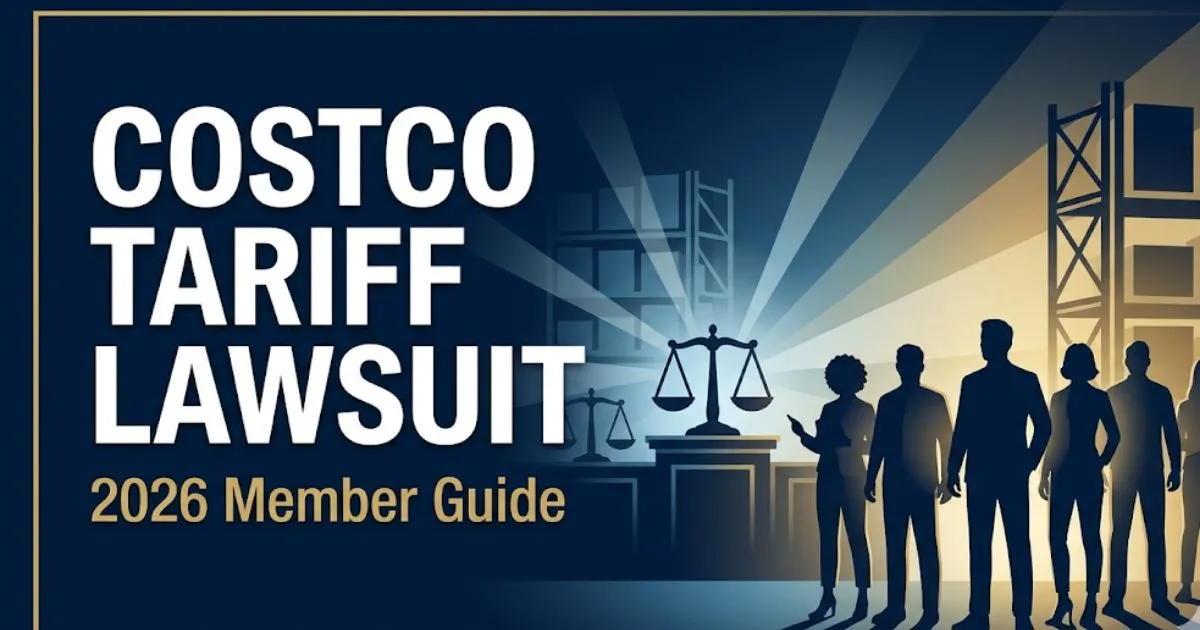 Costco tariff lawsuit 2026 guide banner showing legal scales and warehouse silhouettes on navy background