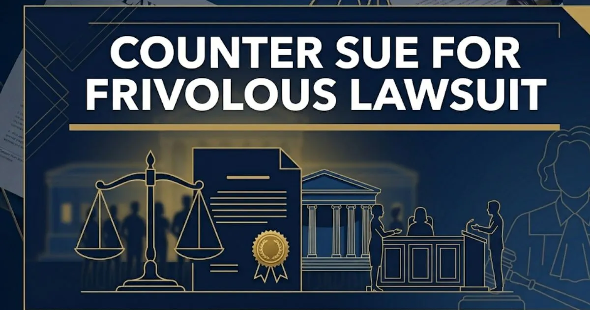 Counter sue for frivolous lawsuit guide showing legal scales and courtroom silhouettes on a navy background for 2026