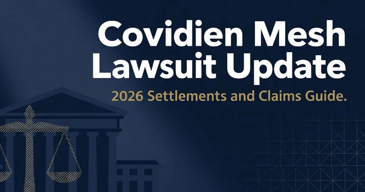 Covidien mesh lawsuit update 2026 banner showing courthouse silhouette and settlement guide title in navy and gold