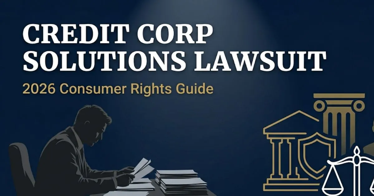 Credit Corp Solutions lawsuit 2026 hero banner with legal symbols, courthouse silhouette, and bold consumer rights headline