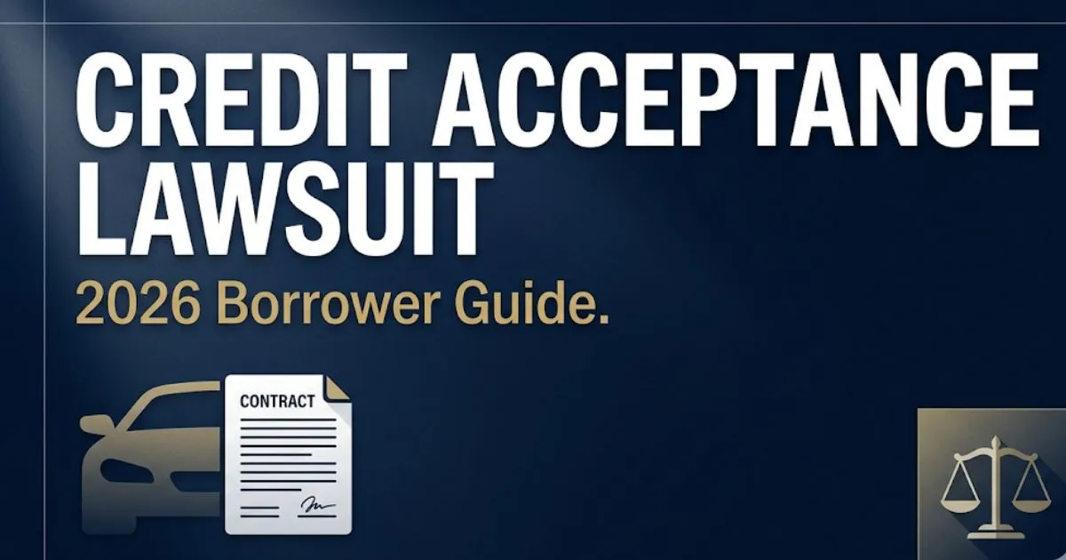 Credit acceptance lawsuit 2026 borrower guide banner with legal scales and auto loan document icons on navy background
