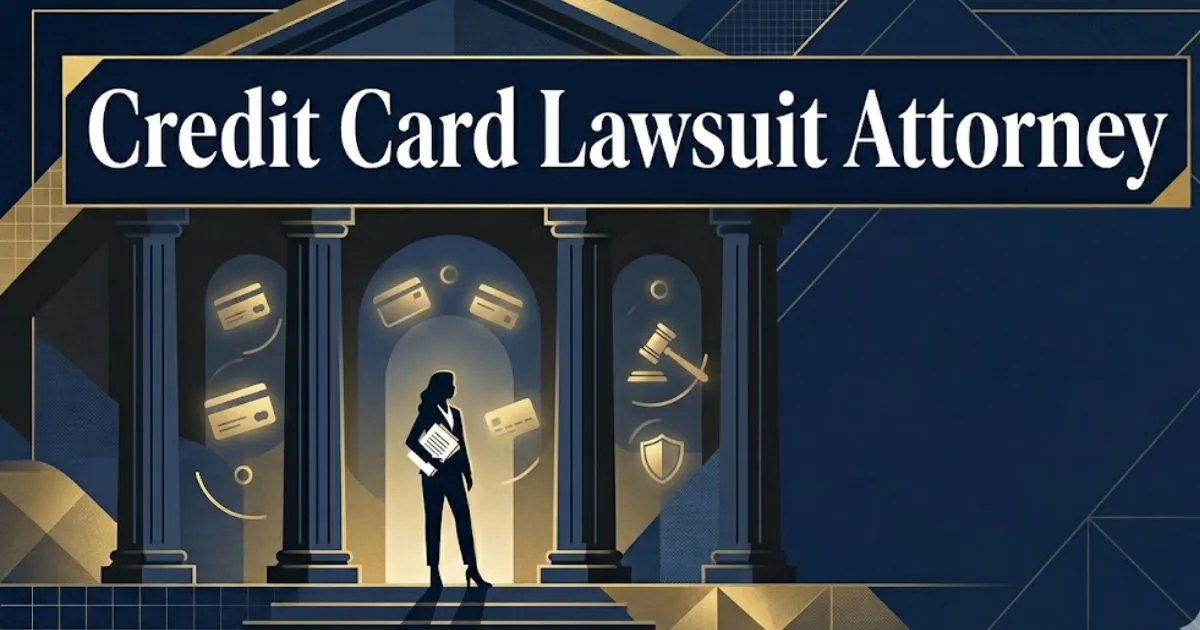 Credit card lawsuit attorney guide banner with legal symbols and courthouse silhouette