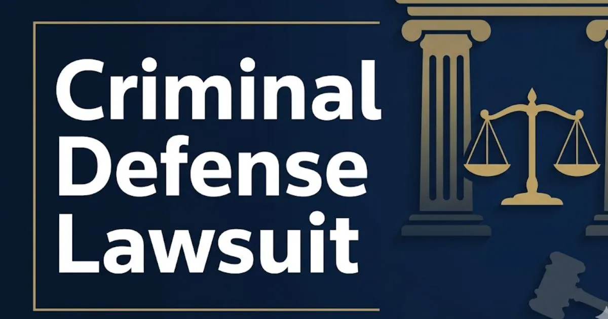 Criminal defense lawsuit 2026 guide banner with courthouse scale and gavel icons on deep navy background