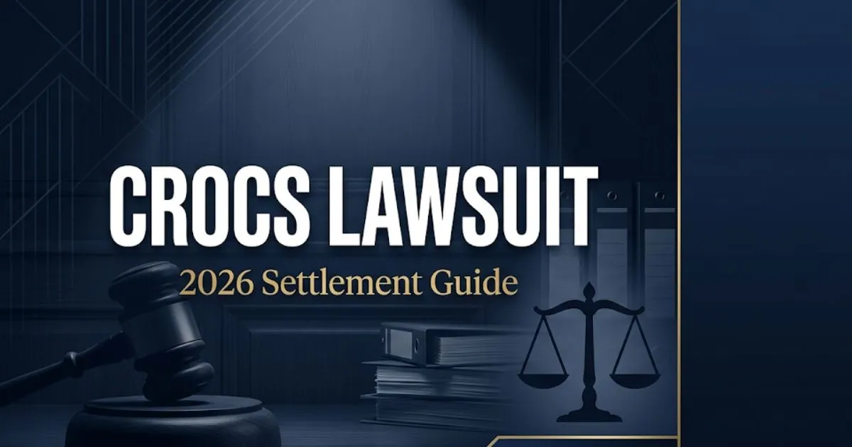 Crocs lawsuit 2026 settlement guide banner with legal symbols gavel and scales of justice on navy background