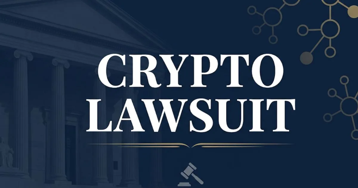 Crypto lawsuit 2026 blog banner with courthouse silhouette and blockchain design
