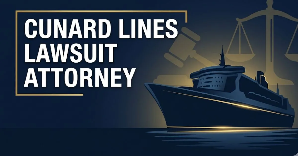 Cunard Lines lawsuit attorney legal guide banner with ocean liner silhouette and maritime law imagery in navy and gold
