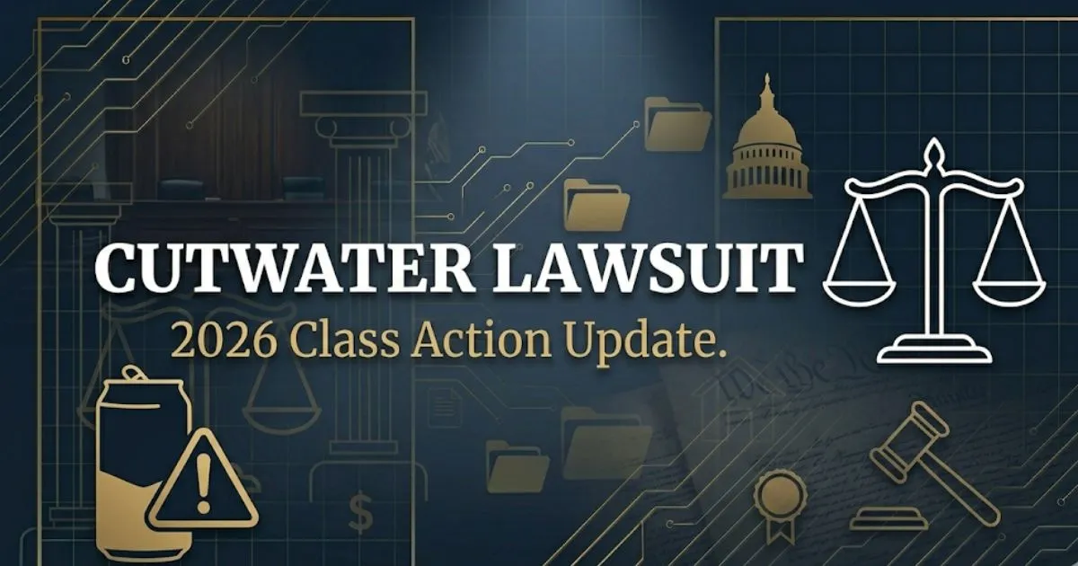Cutwater lawsuit 2026 class action banner with legal scales and canned cocktail silhouette on navy background
