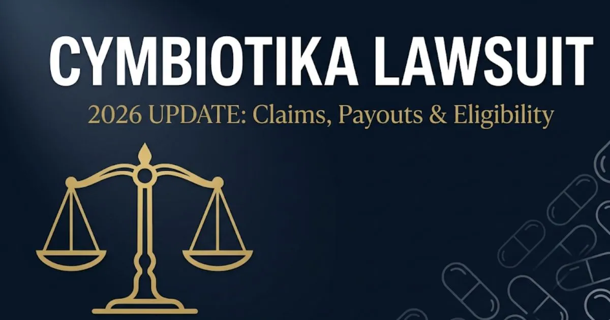 Cymbiotika lawsuit 2026 hero banner showing legal scales and supplement capsule icons with bold headline text