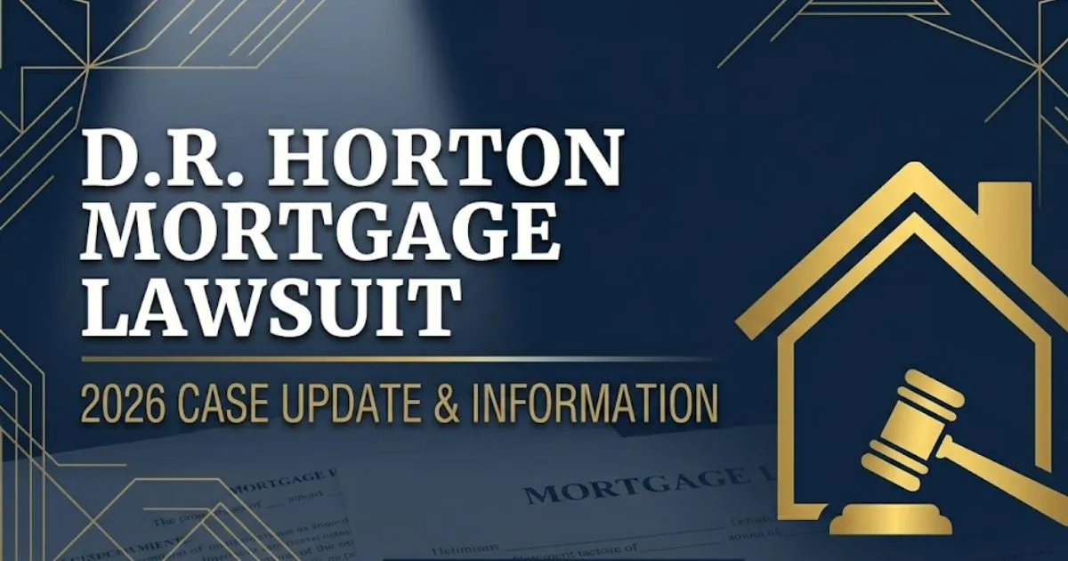 D.R. Horton mortgage lawsuit editorial banner with legal gavel and house silhouette on navy background