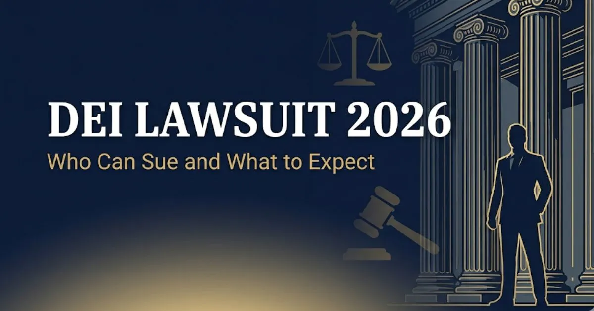DEI lawsuit 2026 hero banner showing courthouse silhouette and scales of justice on navy background