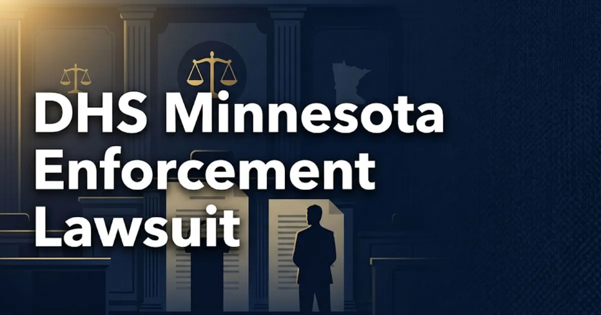 DHS Minnesota enforcement lawsuit 2026 legal guide banner with courthouse silhouette and scales of justice icons