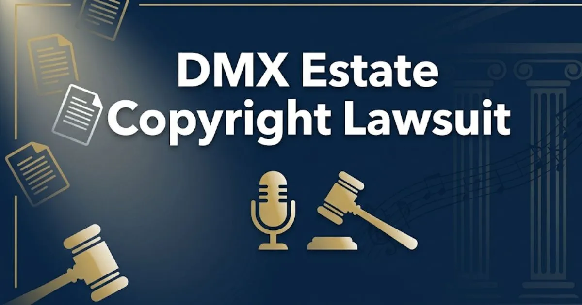 DMX estate copyright lawsuit 2026 blog banner showing microphone and gavel icons on navy background