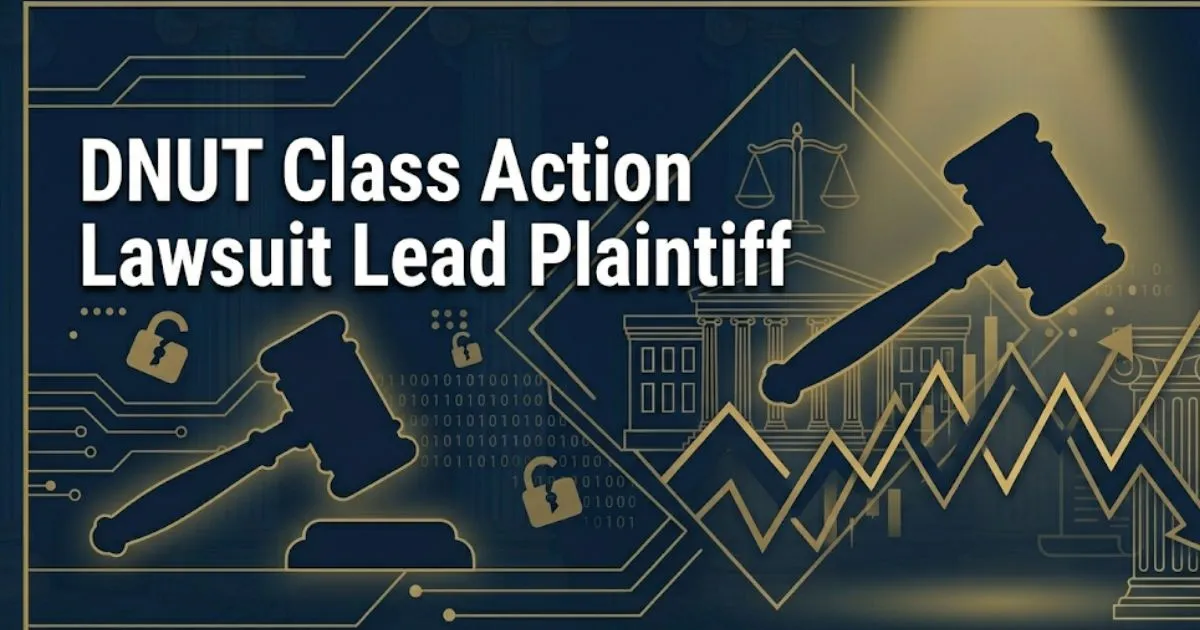 DNUT class action lawsuit lead plaintiff 2026 guide banner with legal gavel and stock chart on navy background