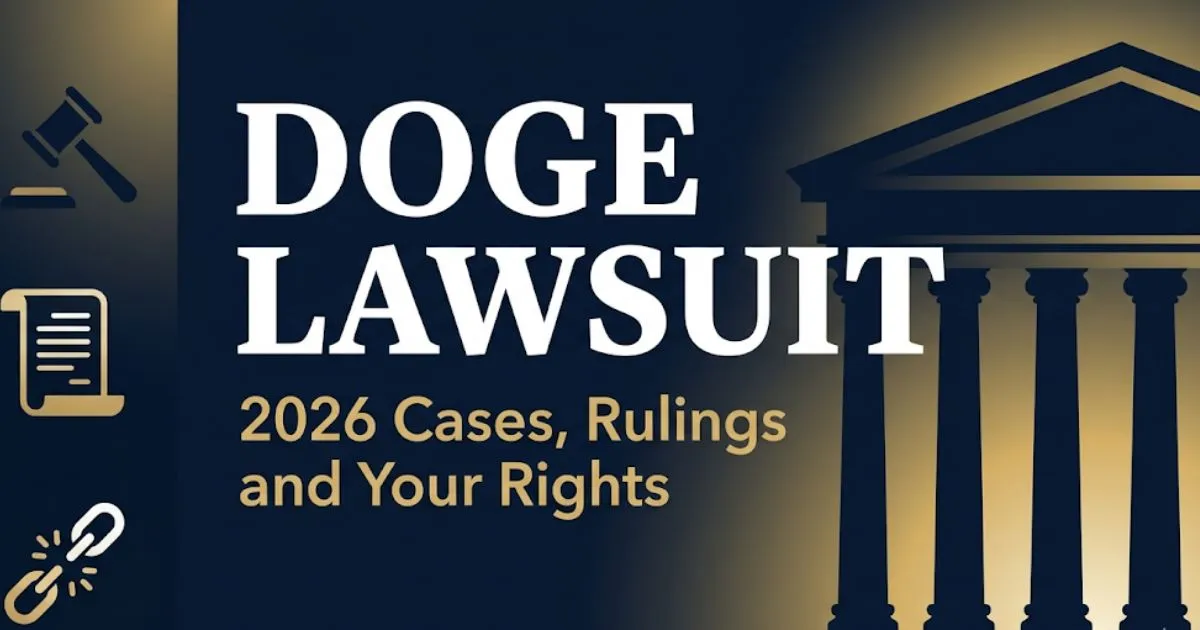 DOGE lawsuit 2026 legal guide showing courthouse silhouette and case overview banner in navy and gold