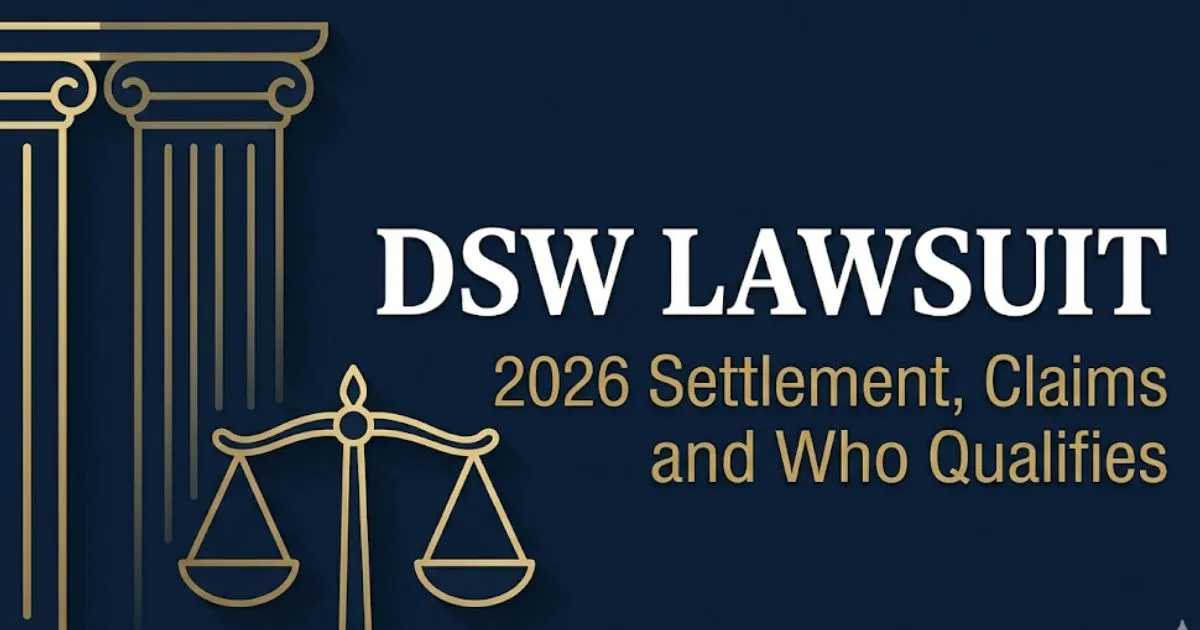 DSW lawsuit 2026 settlement information banner with courthouse silhouette and legal scales on navy background
