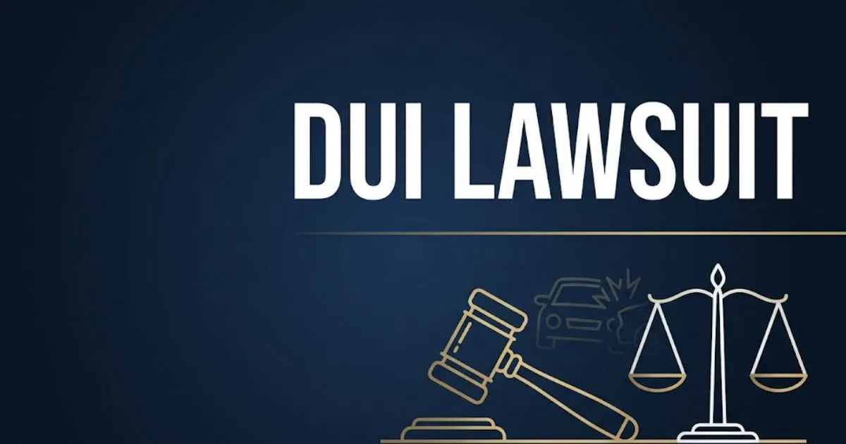DUI lawsuit guide banner with legal scales and gavel icons in navy and gold design