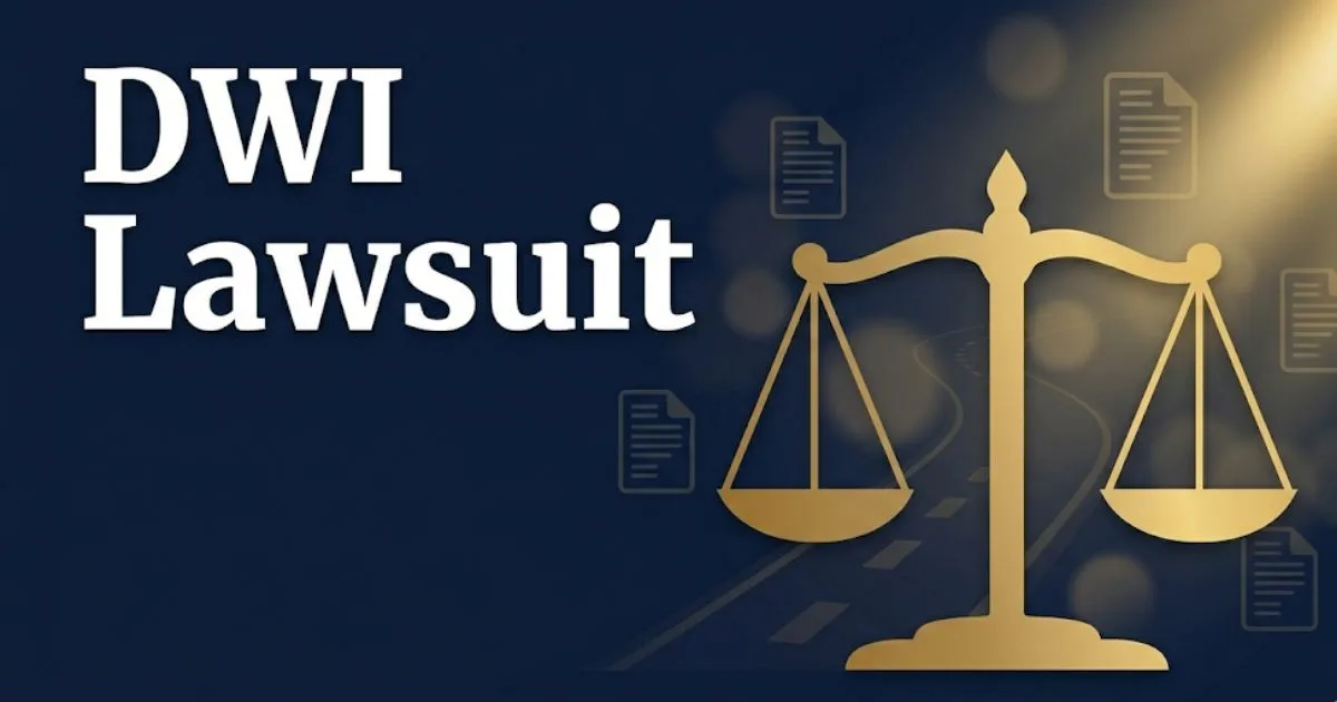 DWI lawsuit 2026 legal guide banner showing scales of justice silhouette and bold headline text on deep navy background