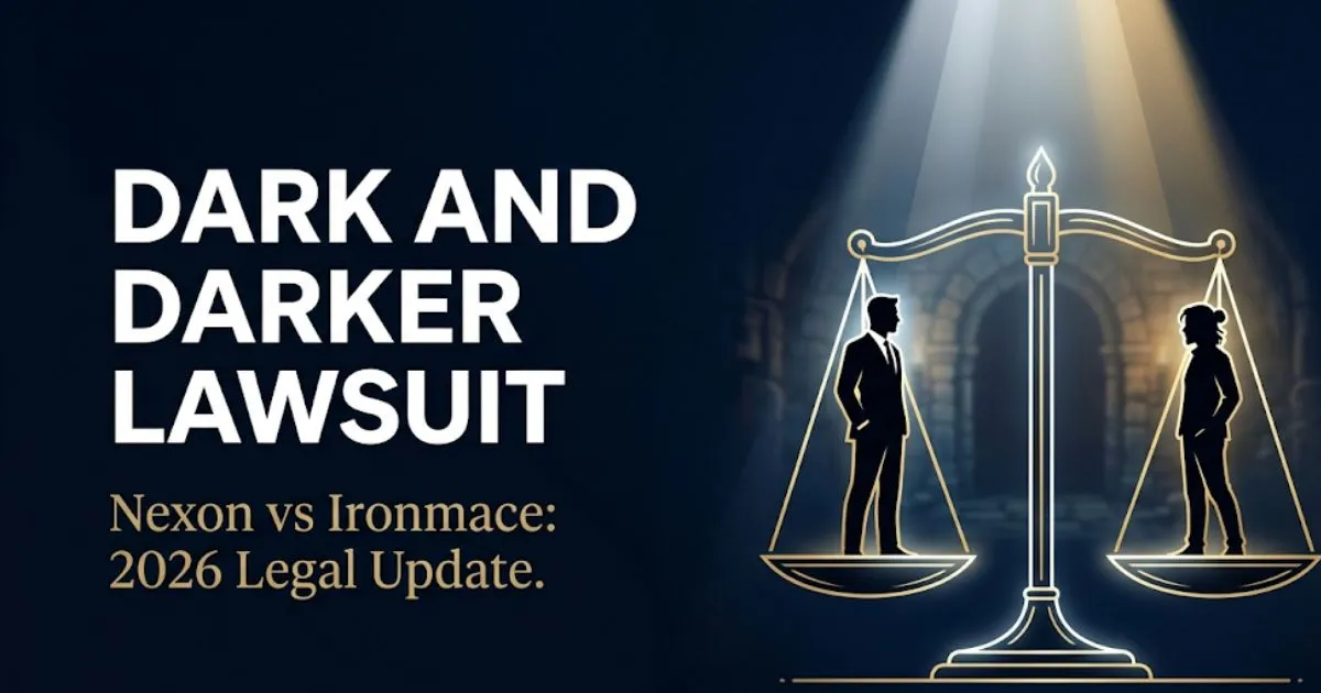 Dark and Darker lawsuit hero banner showing Nexon vs Ironmace legal battle text with scales of justice illustration