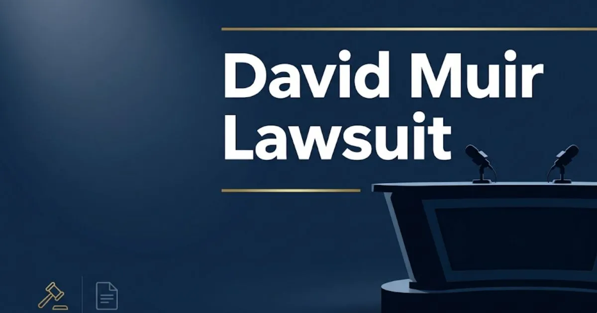 David Muir lawsuit 2026 legal case overview banner with navy and gold design featuring broadcast journalism symbols