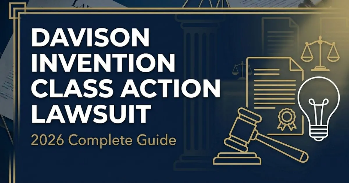 Davison invention class action lawsuit 2026 guide banner with legal gavel and inventor light bulb icons on navy background