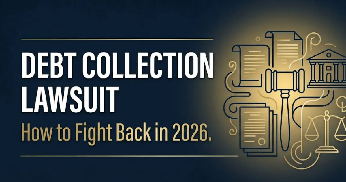 Debt collection lawsuit guide hero banner with gavel and legal document icons on navy background, 2026 edition
