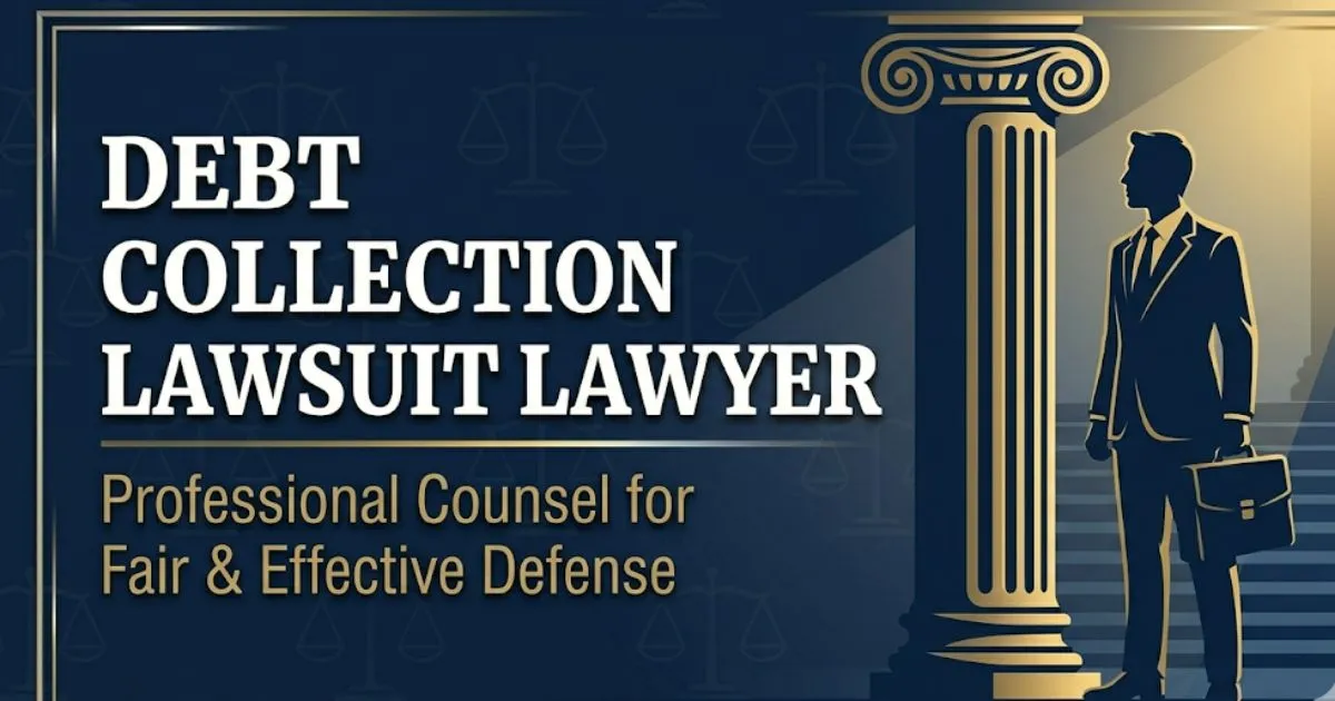 Debt collection lawsuit lawyer guide 2026 featuring legal symbols and courthouse silhouette on navy background
