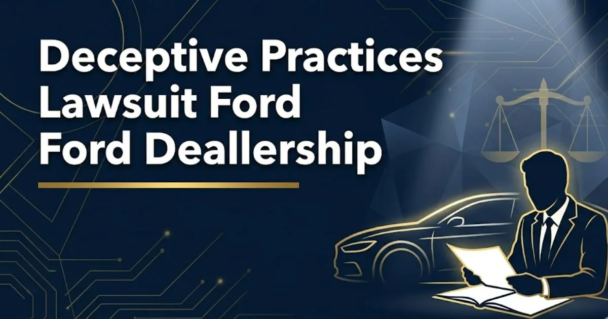 Deceptive practices lawsuit Ford dealership 2026 legal guide banner with scales of justice and car silhouette