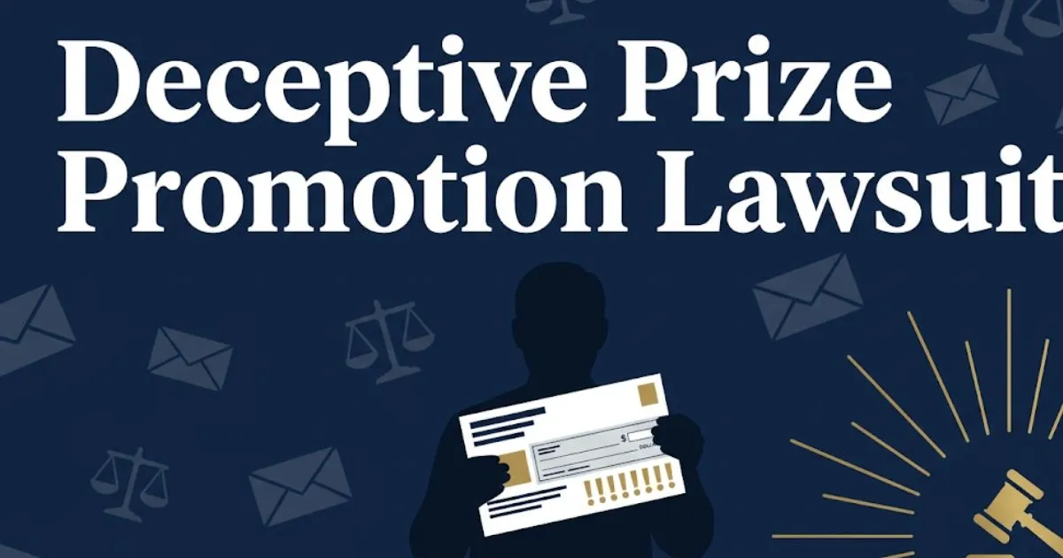 Deceptive prize promotion lawsuit 2026 guide banner with gavel and fake mailer icons
