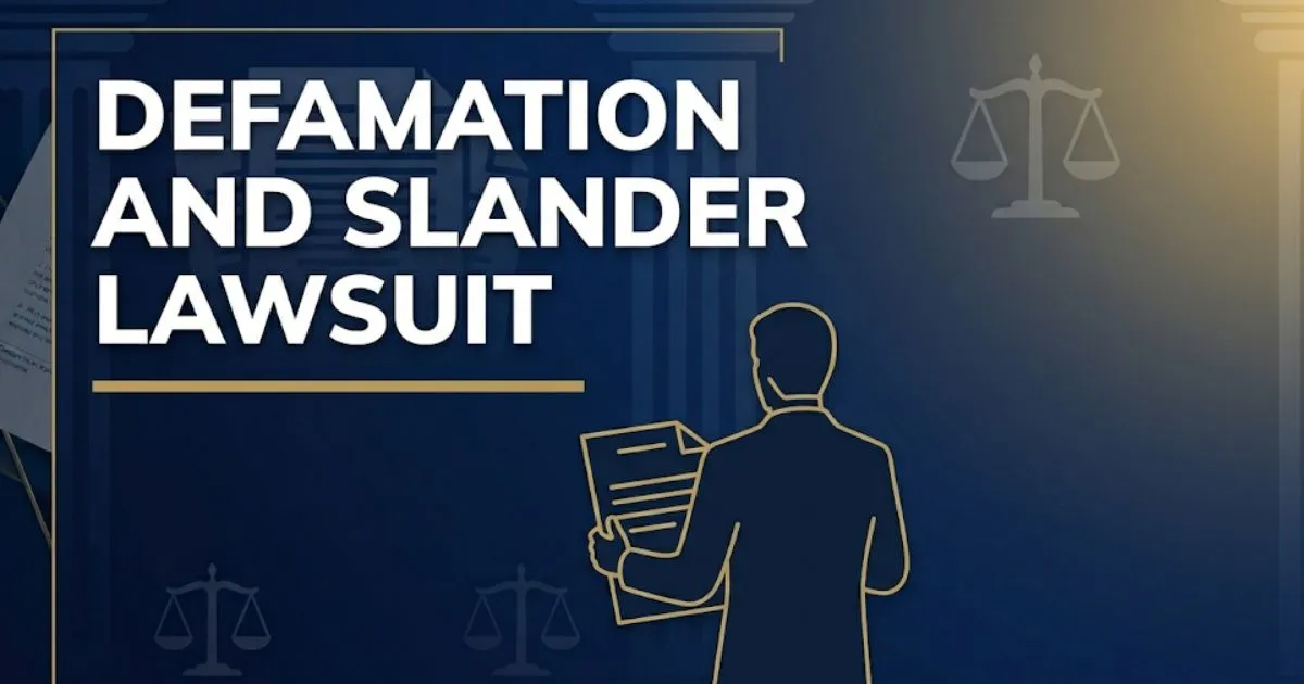 Defamation and slander lawsuit guide 2026 banner with legal scales silhouette on deep navy background