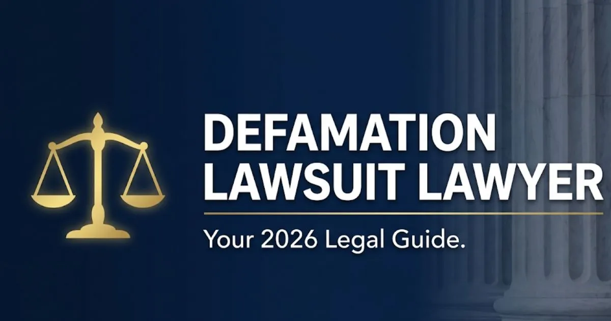 Defamation lawsuit lawyer 2026 legal guide hero banner with gold scales of justice icon on navy background