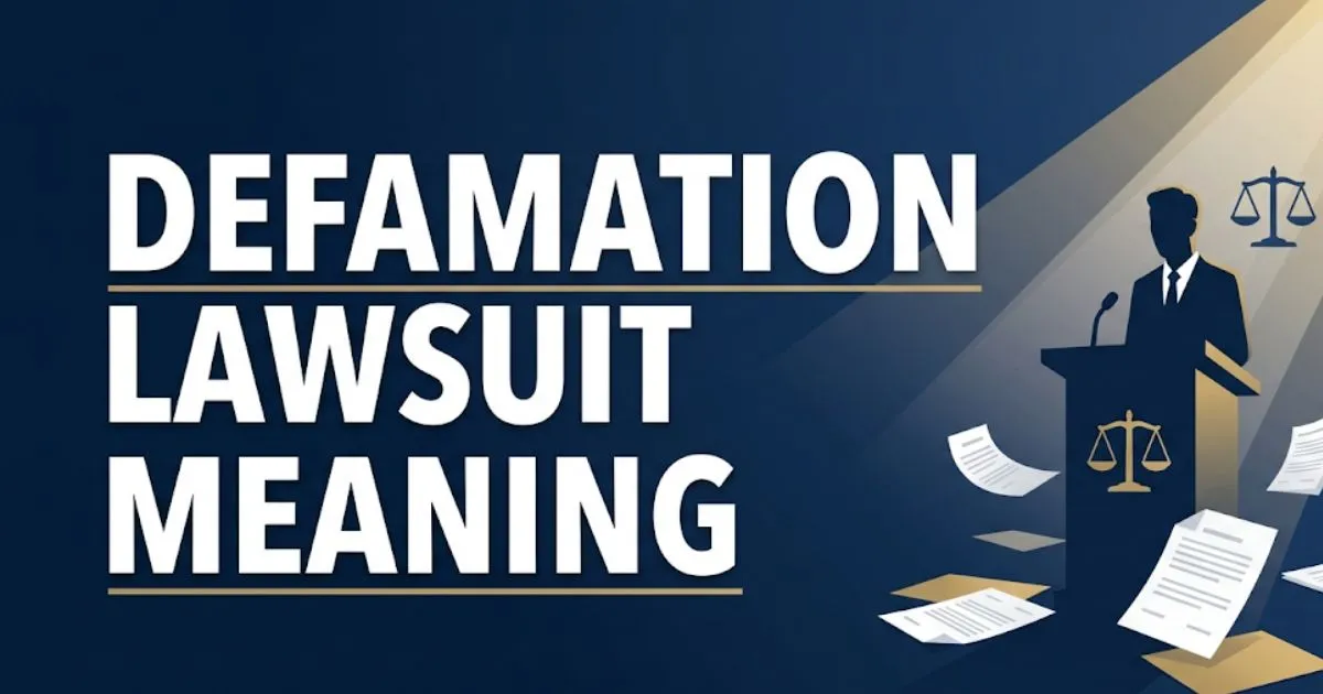 Defamation lawsuit meaning explained with legal scales and silhouette figure against deep navy background banner