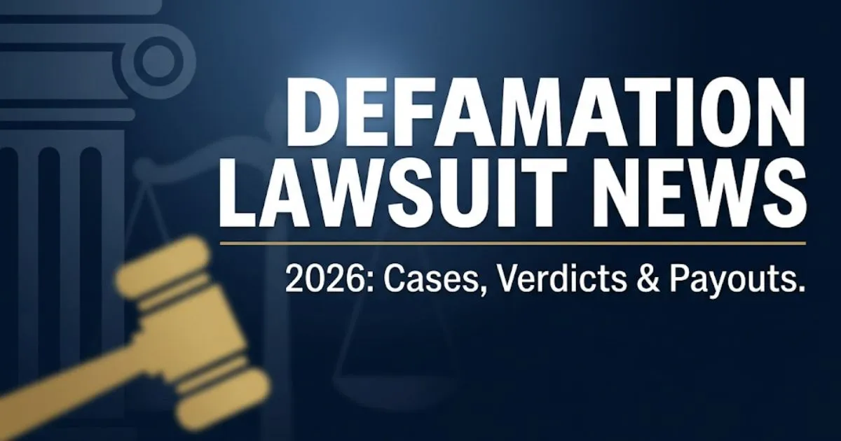 Defamation lawsuit news 2026 hero banner with courthouse silhouette, gavel icon, and bold legal headline text