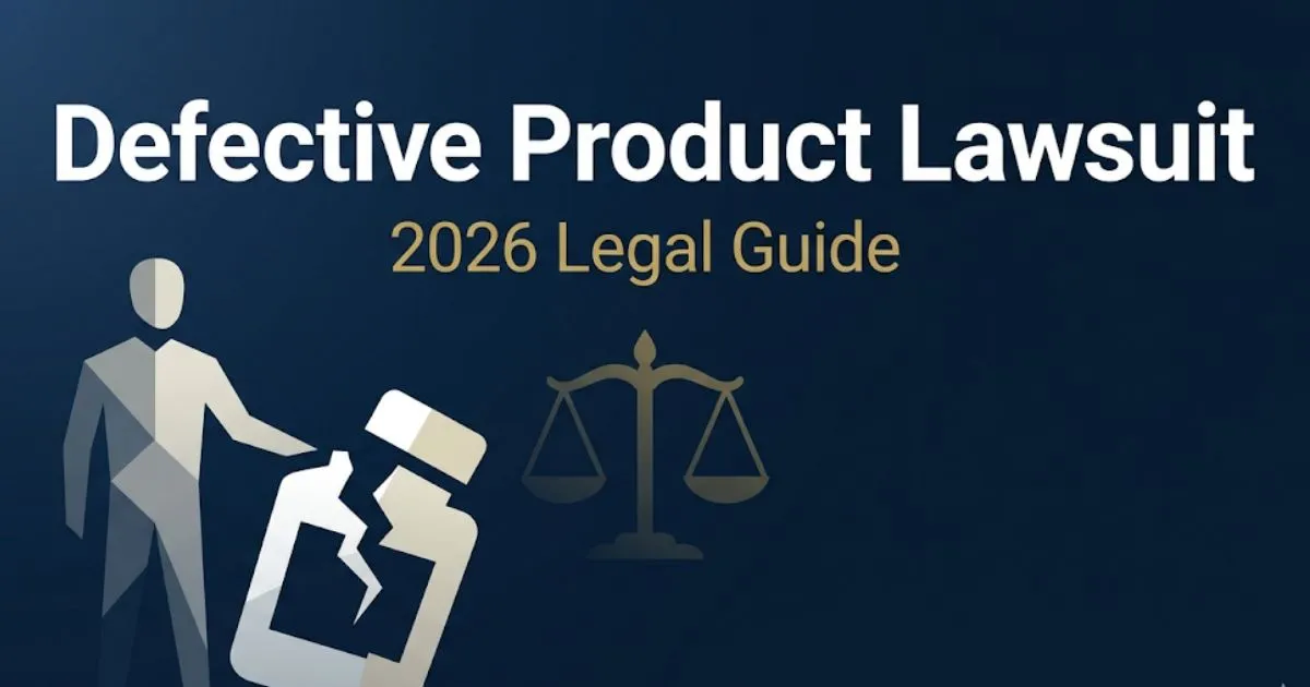 Defective product lawsuit 2026 legal guide banner with scales of justice and broken product silhouette on navy background